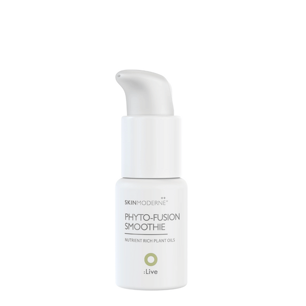 White pump bottle of Phyto Fusion Smoothie | Skin Moderne by Live Love Spa, a nutrient-rich plant oil skincare product designed for wellness and skin care.