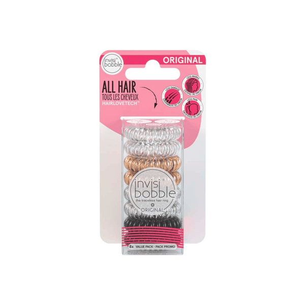 ORIGINAL Value Pack 8 pc | invisibobble featuring three colors of spiral hair rings designed for all hair types, gentle on hair, and ideal for secure, comfortable styling.