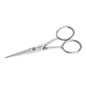 Close-up of shiny stainless steel moustache scissors with slim, pointed blades and round finger holes from Moustache Scissors & Comb | Tweezerman set.