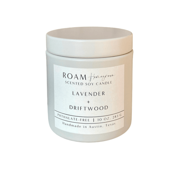 Minimalist ceramic jar candle labeled Lavender + Driftwood 10 oz Soy Candle | ROAM Homegrown, phthalate-free, handmade in Austin, Texas.
