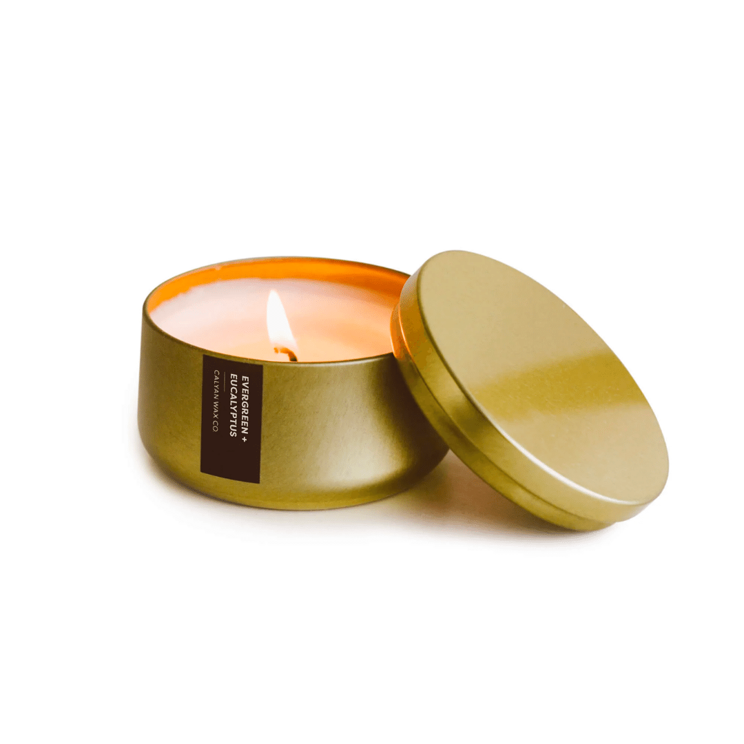 Evergreen + Eucalyptus Gold Metal Tin Soy Candle | Calyan Wax Co.