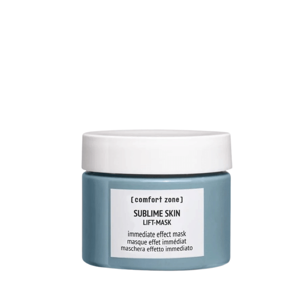 Blue jar of Sublime Lift-Mask | [ comfort zone ] with white lid and minimalist label, presented on a white background, highlighting skincare and wellness.