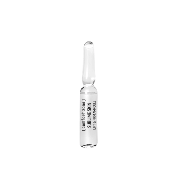 Single clear glass ampoule containing skincare serum labeled Sublime Skin Lift & Firm Ampoules | [ comfort zone ], designed for skin lifting and firming treatments.