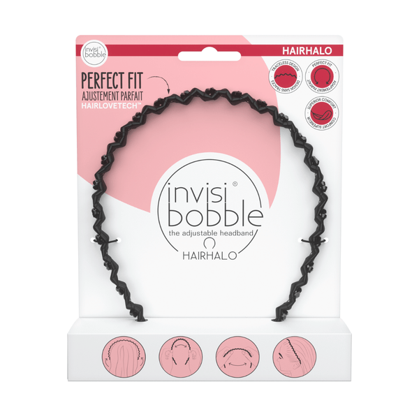HAIRHALO Black Sparkle | invisibobble adjustable black headband with wavy design, perfect fit packaging featuring icons for no pressure and secure hold.