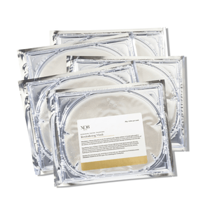 Four clear gel sheet masks in individual silver foil packets, labeled Revitalizing Mask | XO8 Cosmeceuticals, designed for skincare and wellness treatment.