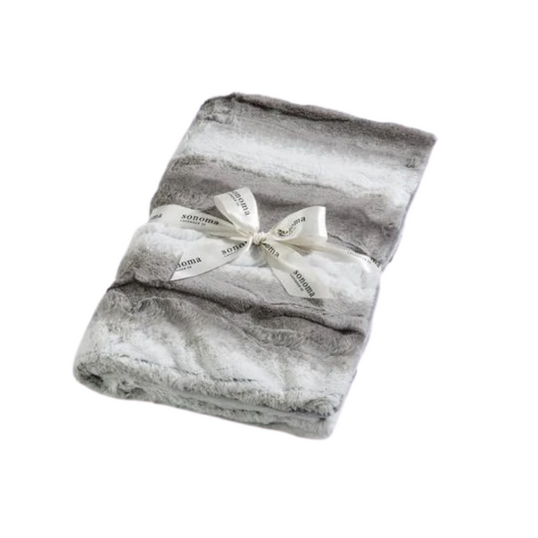 Soft and cozy gray and white striped blanket wrapped with a Sonoma Lavender branded ribbon, showcasing the Blankie - Lavender | Sonoma Lavender for relaxation and wellness.