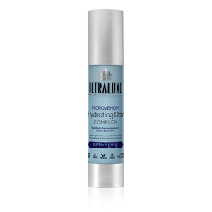 MicroVenom Hydrating Day Complex | Ultraluxe Skincare in a sleek silver and blue airless pump bottle designed for anti-aging hydration and skin smoothing with synthetic snake venom and apple stem cell.