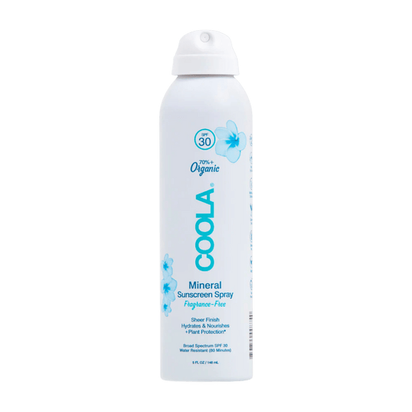 Spray bottle of Mineral Body Organic Sunscreen Spray SPF 30 | COOLA featuring 70% organic ingredients, broad spectrum protection, and a sheer, hydrating formula with a floral design.