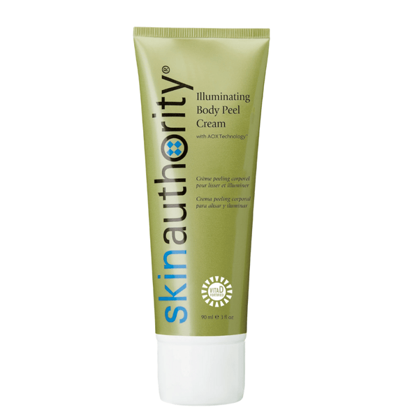 Tube of Illuminating Body Peel Cream | Skin Authority in olive green packaging designed for skincare and body care, featuring advanced Aox Technology for skin renewal.