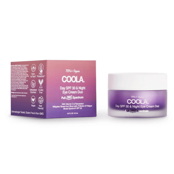 Full Spectrum 360° Day SPF 30 & Night Organic Eye Cream Duo | COOLA in a purple jar and matching box highlighting organic, vegan, reef-friendly skincare for daytime sun protection and nighttime hydration.