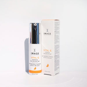 VITAL C hydrating eye recovery gel | IMAGE Skincare in a white and silver pump bottle next to its white and orange retail box, promoting skincare hydration and recovery.