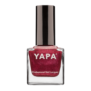 Vivian Nail Lacquer | YAPA in a shimmering deep red shade, featuring a sleek black cap and clear glass bottle for a professional manicure finish.