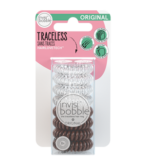 ORIGINAL Value Pack 8 pc | invisibobble traceless hair rings in clear and brown colors designed with HAIRLOVETECH for less damage, less marks, and gentle hold on hair.