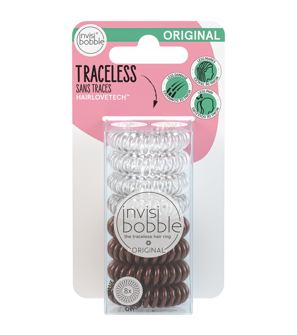 ORIGINAL Value Pack 8 pc | invisibobble traceless hair rings in clear and brown colors designed with HAIRLOVETECH for less damage, less marks, and gentle hold on hair.