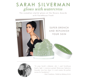 Promotional image featuring a skincare jar of Watercress Hydration Cascade by Farmhouse Fresh alongside a photo of a woman, highlighting the Radiance Maker 3-step Instant Spa Facial | Farmhouse Fresh for glowing, replenished skin.