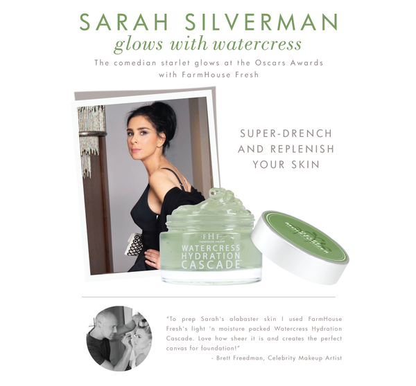 Promotional image featuring a skincare jar of Watercress Hydration Cascade by Farmhouse Fresh alongside a photo of a woman, highlighting the Radiance Maker 3-step Instant Spa Facial | Farmhouse Fresh for glowing, replenished skin.