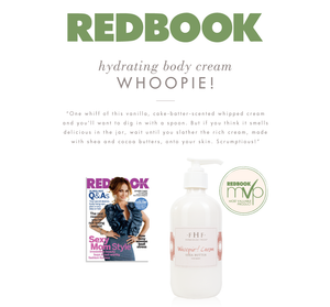 Bottle of Whoopie® Cream Shea Butter | Farmhouse Fresh hydrating body cream displayed alongside a Redbook magazine cover and award badge for most valuable product in skincare.