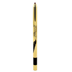 Writing on the Wall Eyeliner Pencil | Pretty Vulgar in a sleek gold casing with black feather design, showcasing a rich brown tip for precise eye definition.