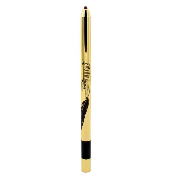 Writing on the Wall Eyeliner Pencil | Pretty Vulgar in a sleek gold casing with black feather design, showcasing a rich brown tip for precise eye definition.