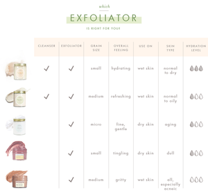 Comparison chart of exfoliators detailing cleanser and exfoliator usage, grain size, overall feeling, recommended skin type, hydration level, and usage instructions, featuring Finely Awake Plantfoliant Silkening Face Cleansing Polish | Farmhouse Fresh.