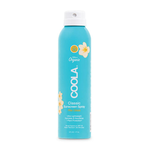 Classic Body Organic Sunscreen Spray SPF 30 - 6 fl oz | COOLA in a light blue bottle with floral accents, offering lightweight, hydrating, and nourishing skincare protection.