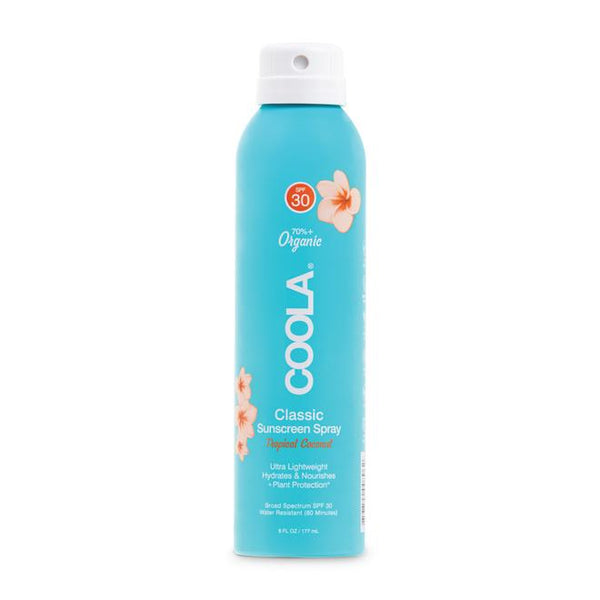 Classic Body Organic Sunscreen Spray SPF 30 - 6 fl oz | COOLA in a turquoise spray bottle with floral design, offering lightweight, hydrating sun protection for body skincare.