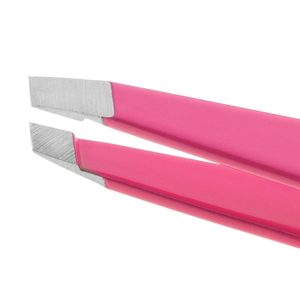 Close-up of pink Slant Tweezer | Tweezerman with precision angled stainless steel tips designed for effective hair removal and skincare grooming.