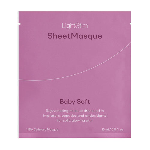 LightStim SheetMasque | LightStim in a pink packet designed for skincare, offering a rejuvenating treatment with hydrators, peptides, and antioxidants for soft, glowing skin.