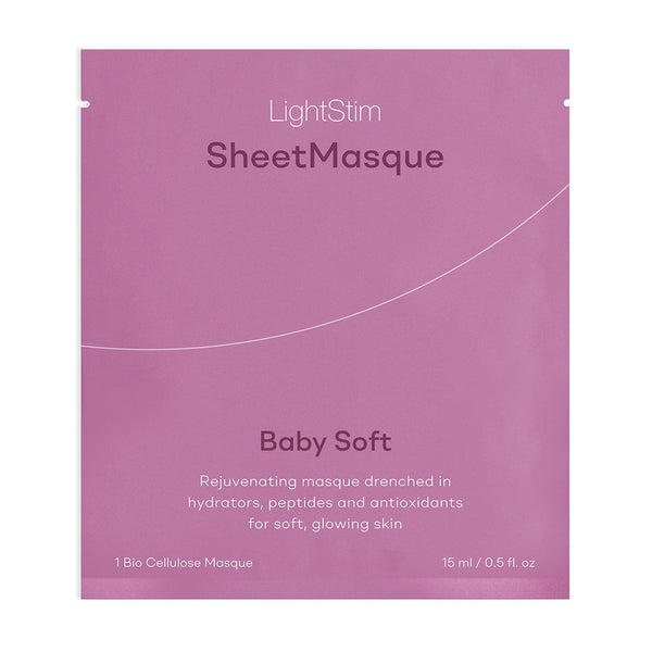 LightStim SheetMasque | LightStim in a pink packet designed for skincare, offering a rejuvenating treatment with hydrators, peptides, and antioxidants for soft, glowing skin.