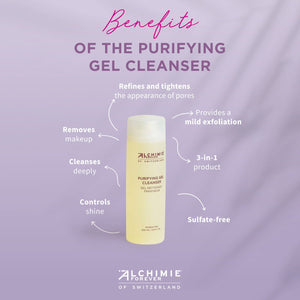 Bottle of Purifying Gel Cleanser | Alchimie Forever on a purple background with text highlighting benefits like removing makeup, deep cleansing, controlling shine, refining pores, mild exfoliation, 3-in-1 use, and sulfate-free formula.