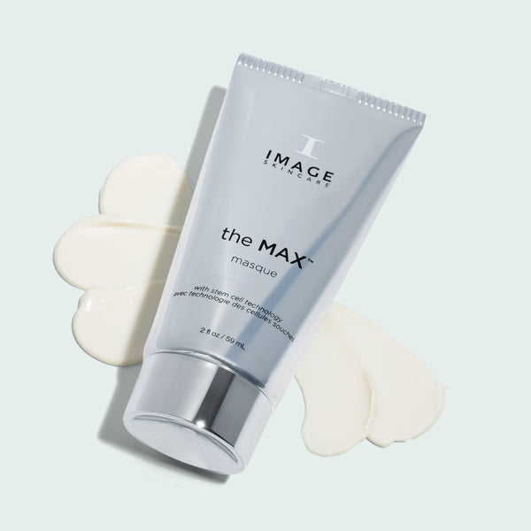 the MAX™ masque | IMAGE Skincare tube with cream swatches on a light background, showcasing skincare product for rejuvenation and wellness.