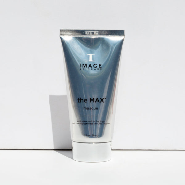 Silver and white tube of the MAX™ masque | IMAGE Skincare standing against a plain white background, featuring sleek modern packaging designed for skincare and wellness use.