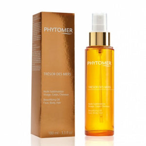 Elegant bottle and packaging of Trésor Des Mers (Beautifying Oil Face, Body, Hair) | Phytomer, a skincare oil for face, body, and hair wellness.